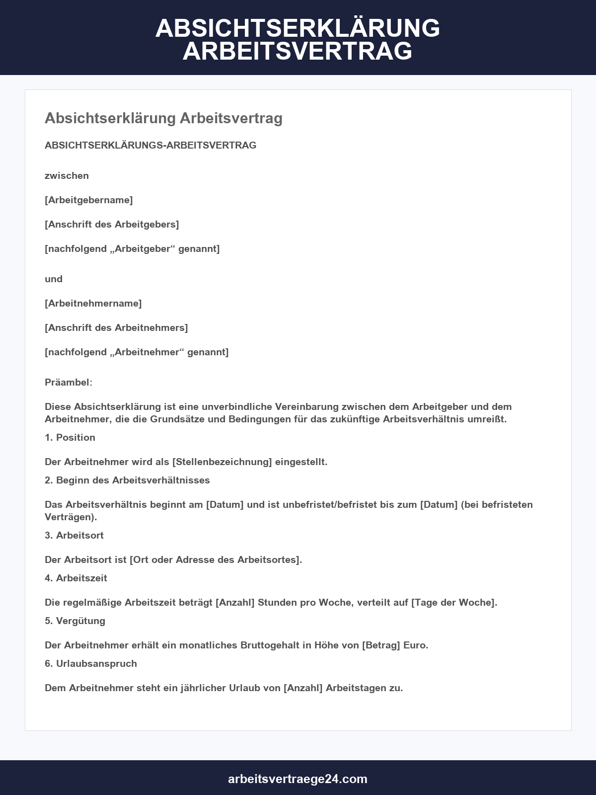 Absichtserklärung Arbeitsvertrag Vorlage