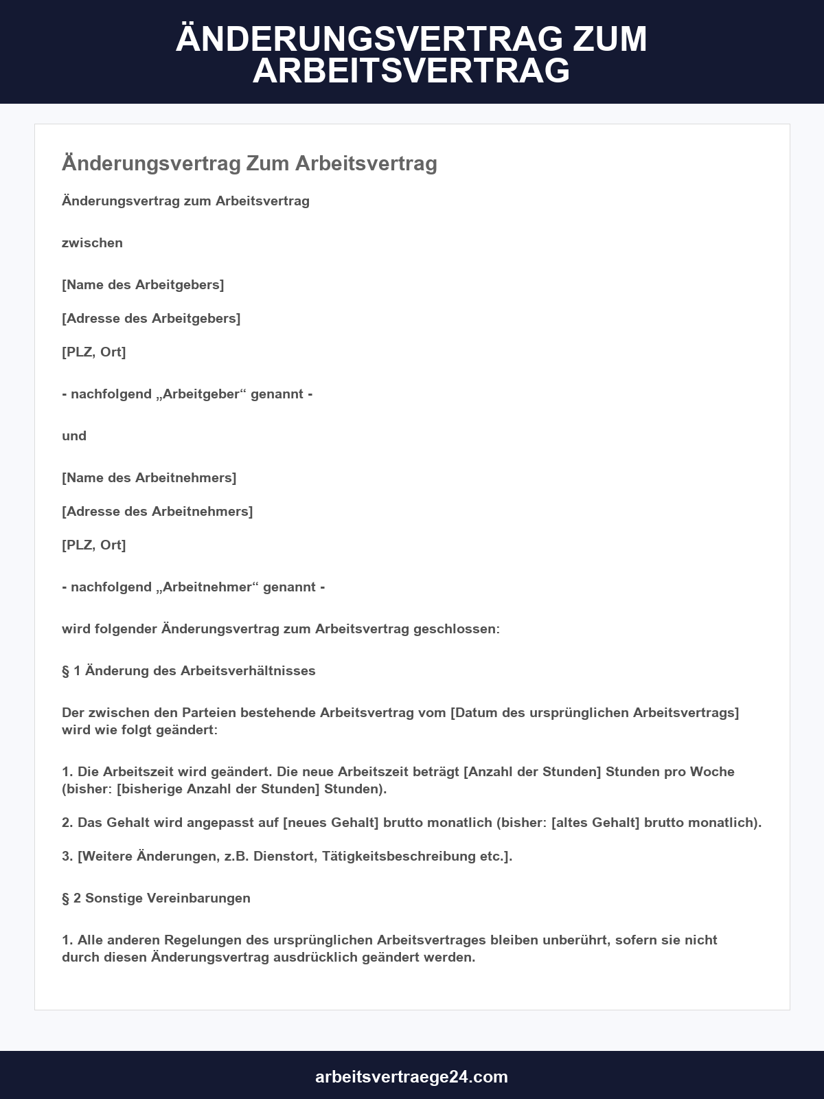 Änderungsvertrag Zum Arbeitsvertrag Vorlage