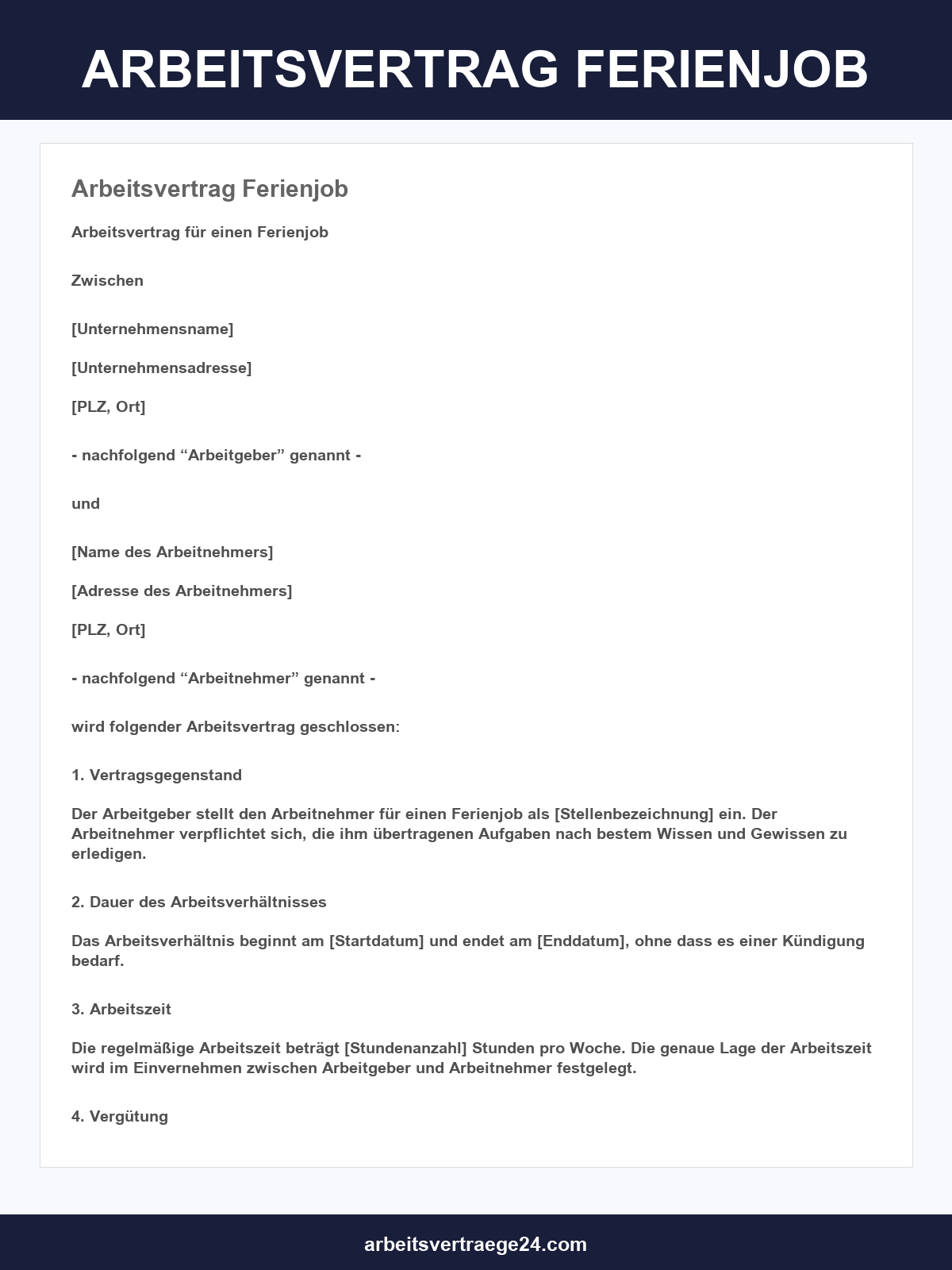 Arbeitsvertrag Ferienjob