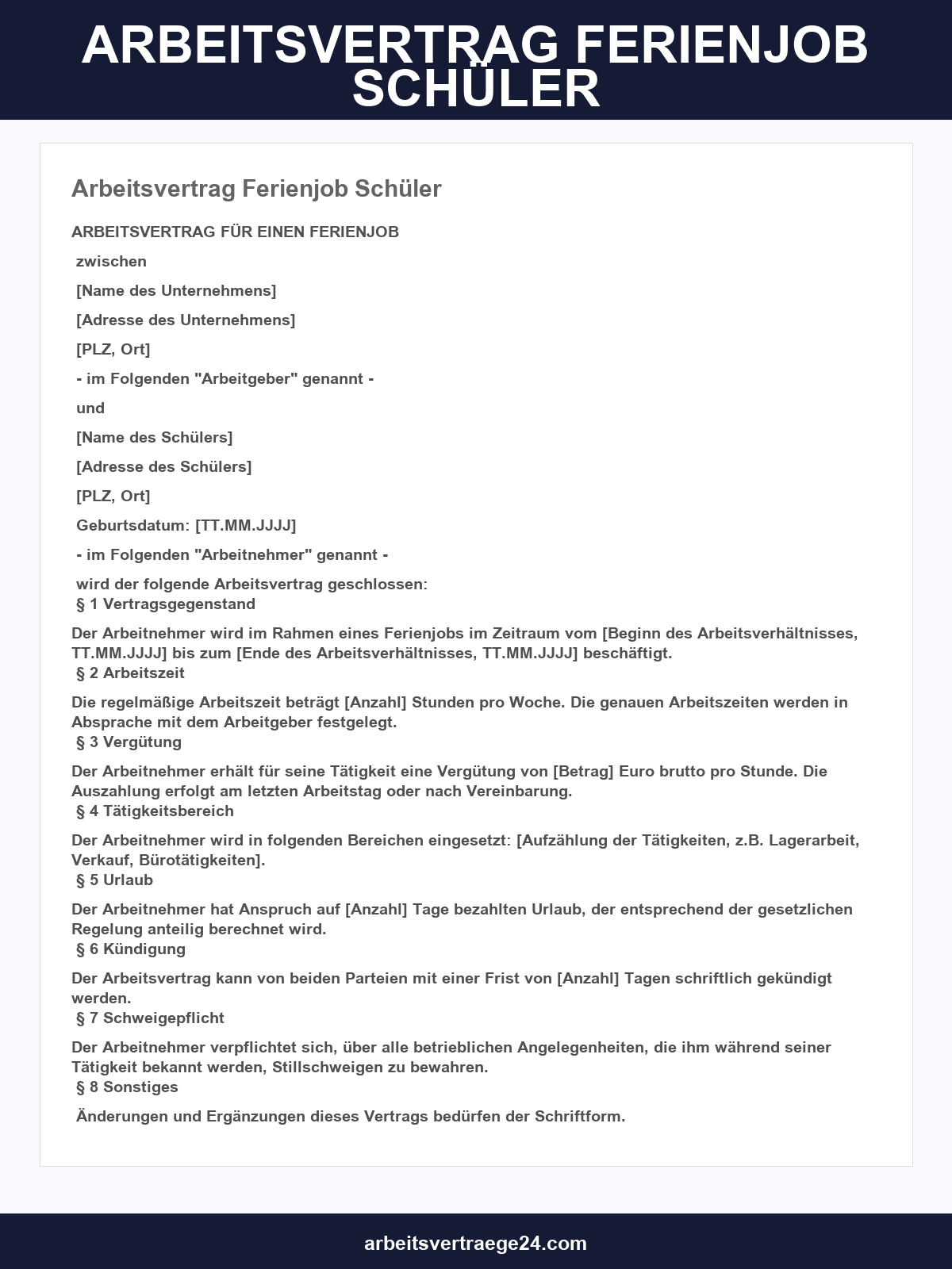 Arbeitsvertrag Ferienjob Schüler