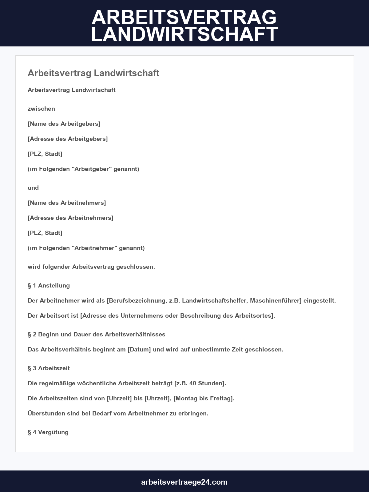 Arbeitsvertrag Landwirtschaft Vorlage