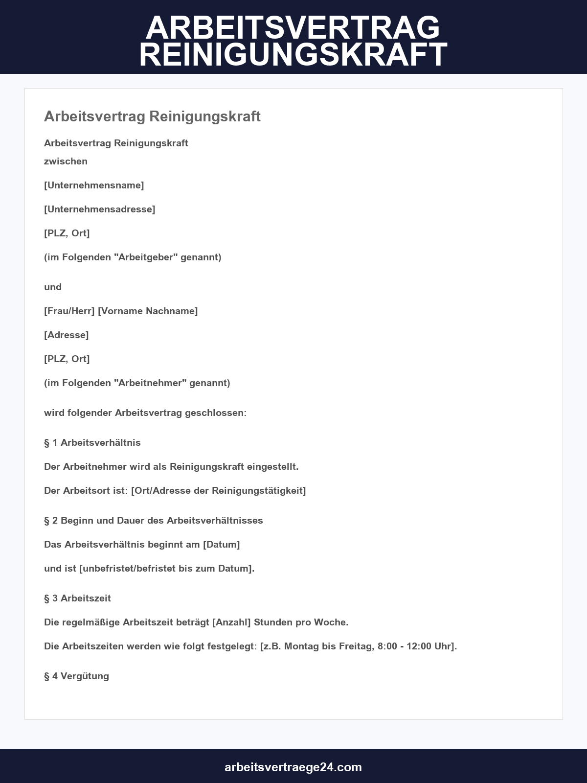 Arbeitsvertrag Reinigungskraft