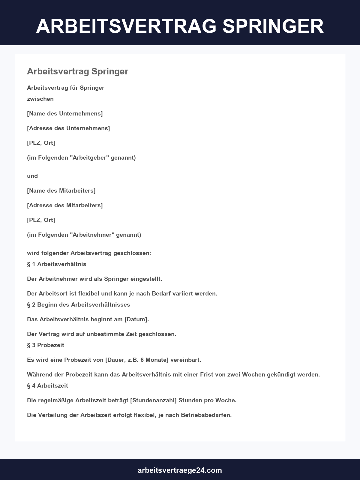 Arbeitsvertrag Springer Muster