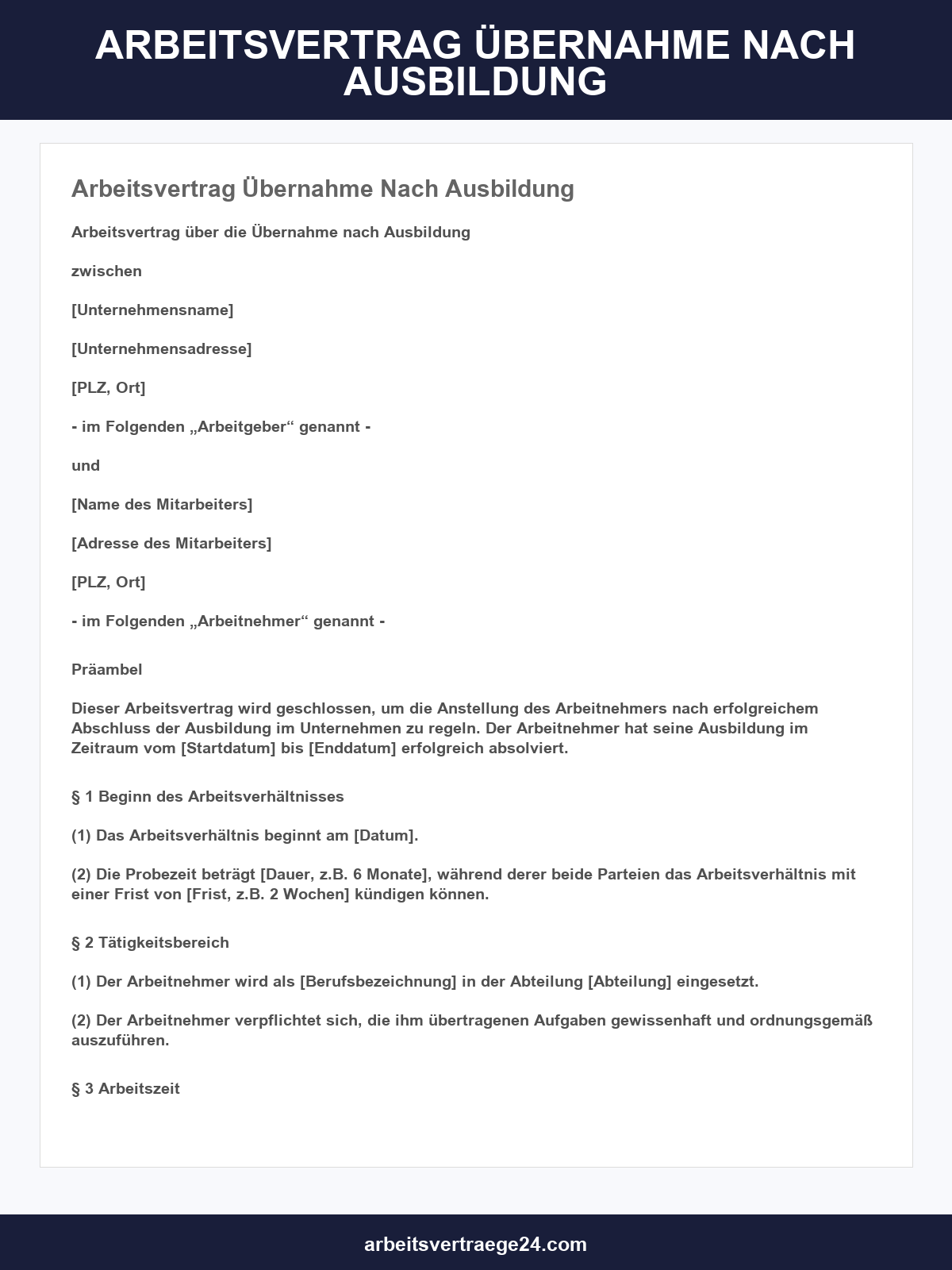Arbeitsvertrag Übernahme Nach Ausbildung Muster