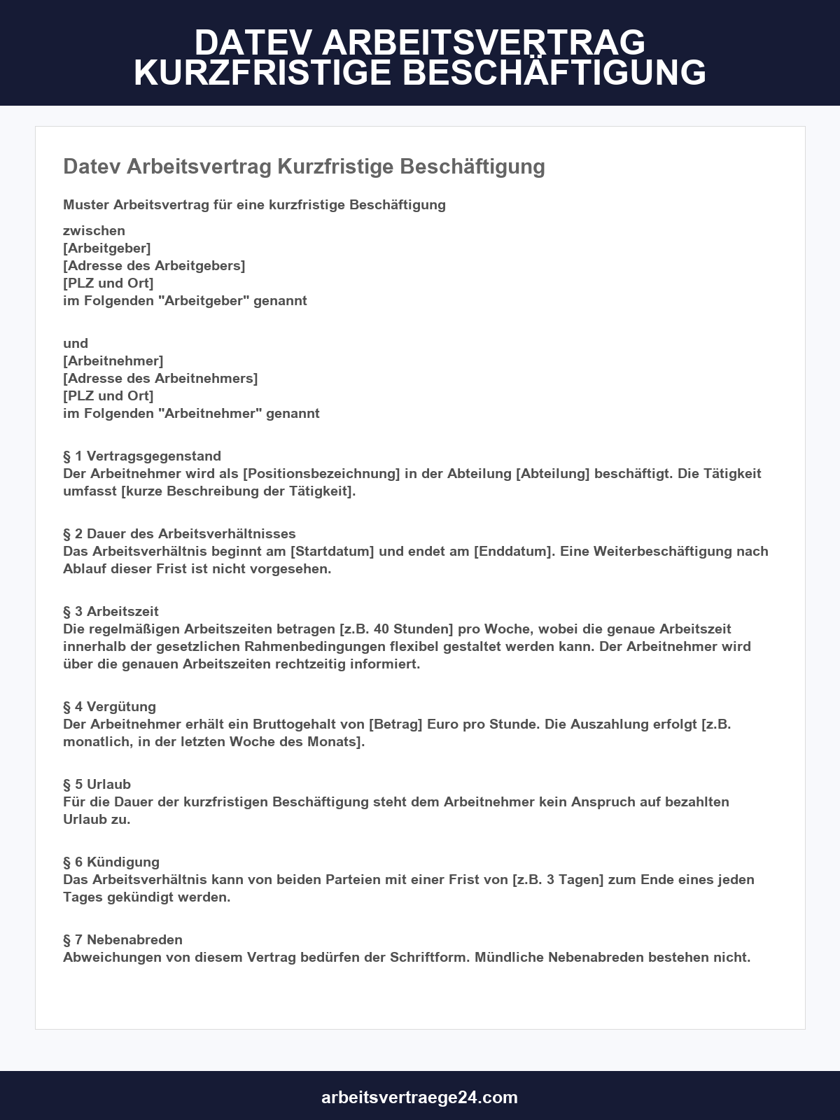 Datev Muster-Arbeitsvertrag Kurzfristige Beschäftigung