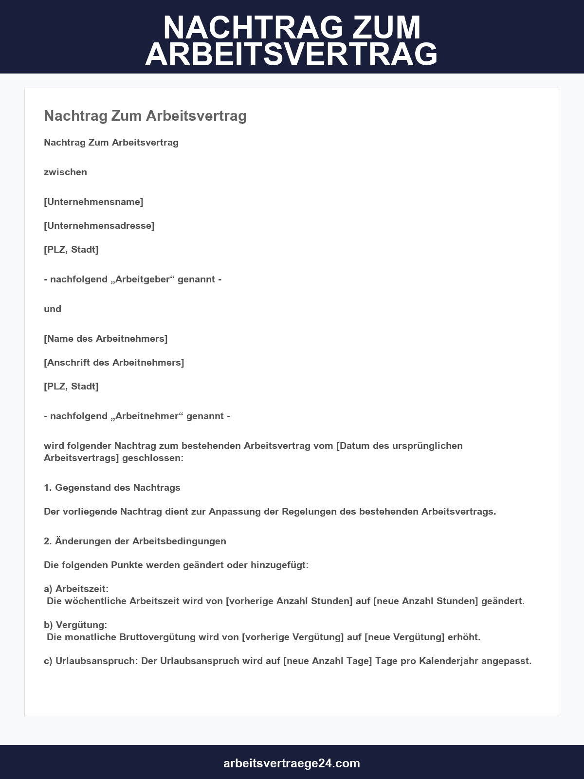 Nachtrag Zum Arbeitsvertrag Vorlage